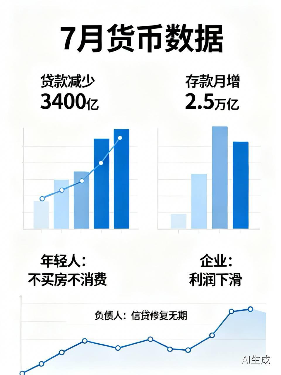 上个月贷款有减少了3400亿，存款呢，以平均每个月2.5万亿的速度增加，如今这样