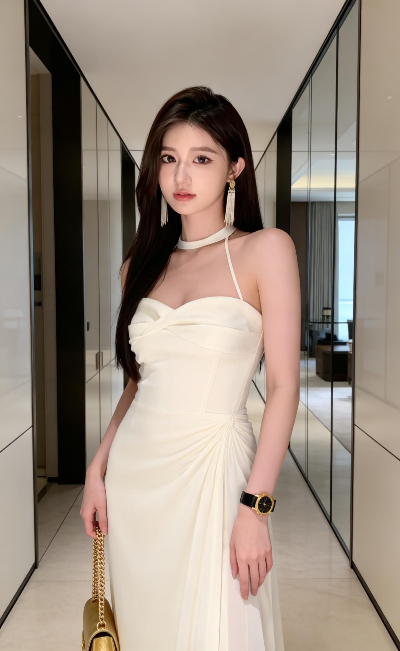 细肩吊带连衣裙，浅粉白色更显时尚。