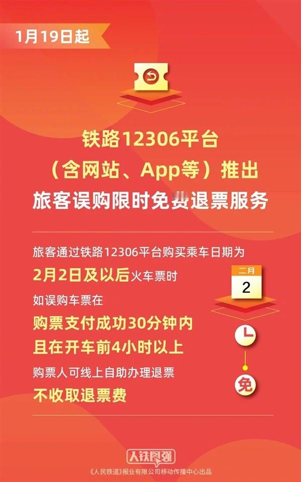 12306旅客误购限时免费退票【铁路12306新服务1月19日上线：买错火车票将