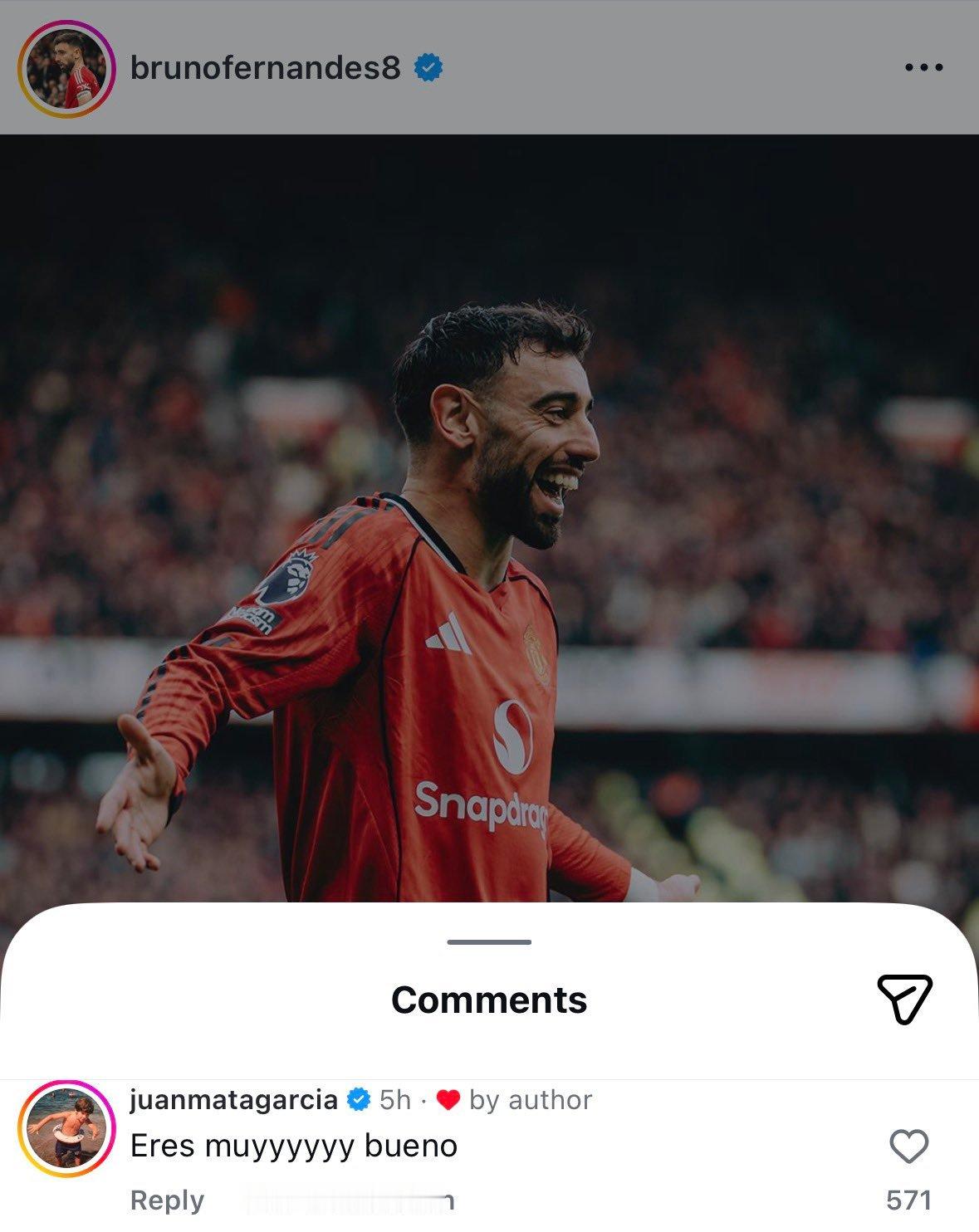 马塔和B费在社媒互动：你太棒了！曼联曼联3比1阿斯顿维拉