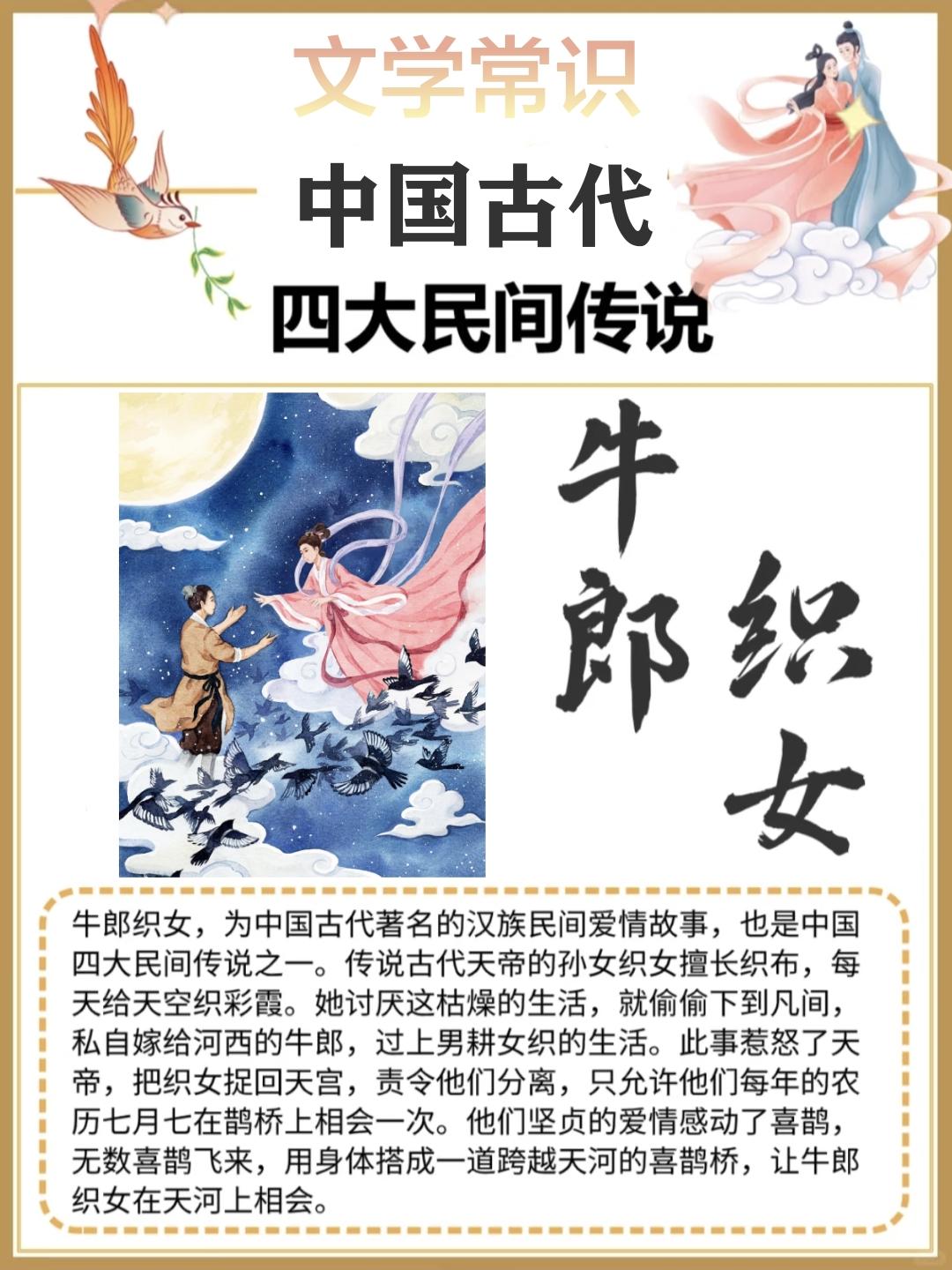 中国古代四大民间传说：《牛郎织女》《孟姜女哭长城》《梁山伯与祝英台》《白蛇传》