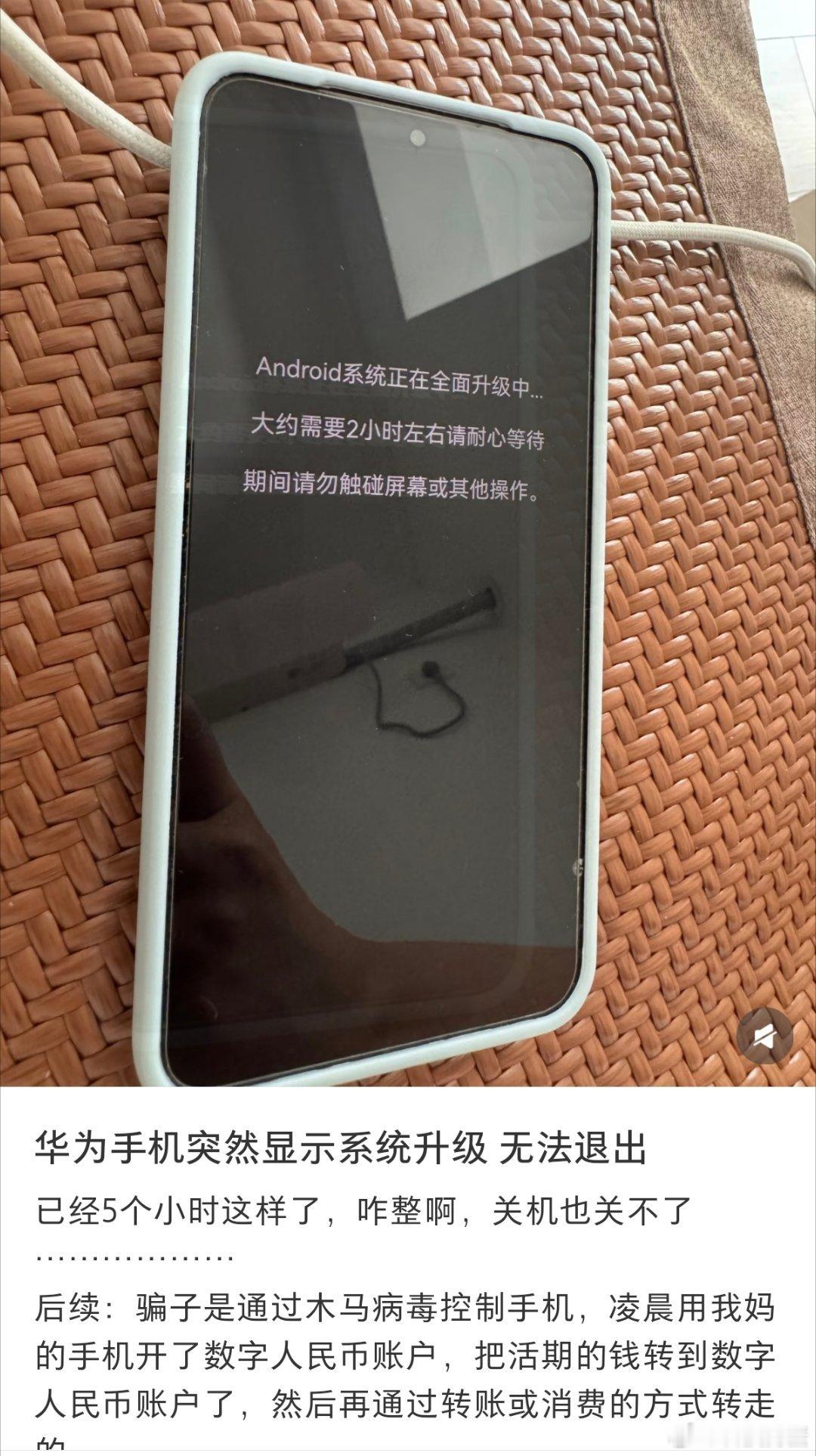 遇到这种情况就是遇到了诈骗。远程控屏软件，伪装了一个升级的页面，实际在操作你的手