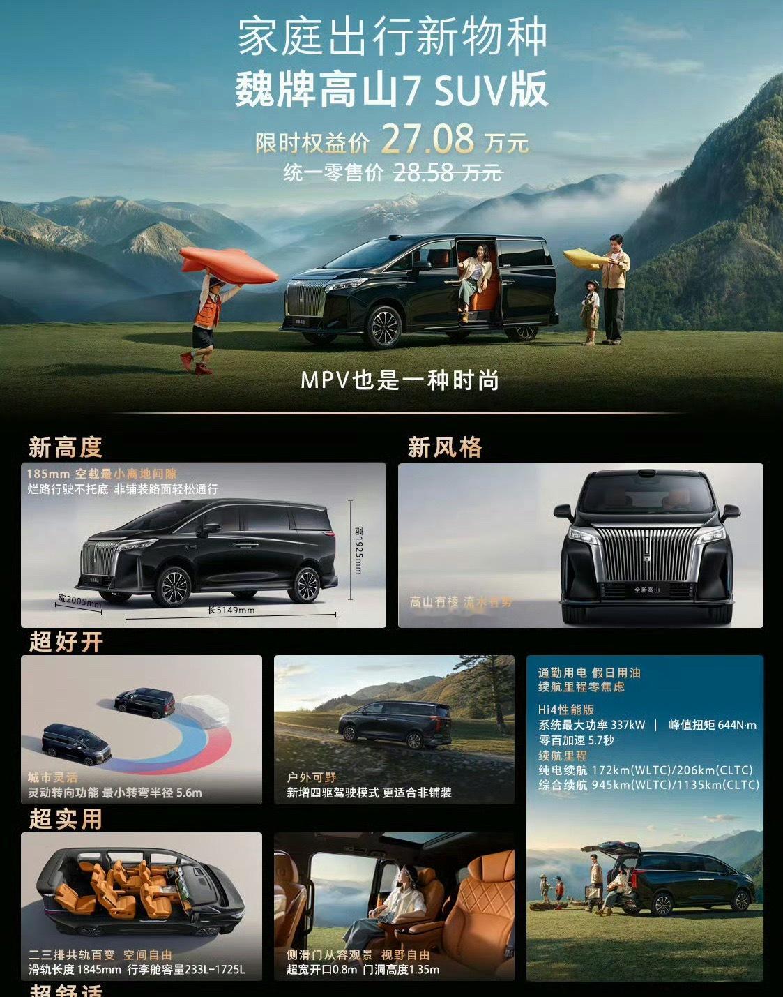 魏牌“新物种”，底盘更高的MPV，即高山7 SUV版，玩的是空间+舒适+通过性，