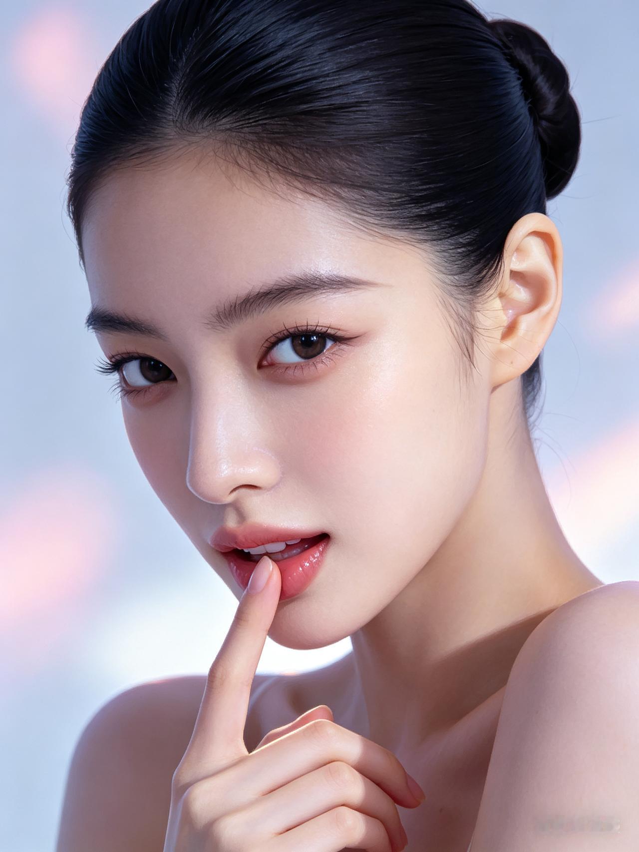 芭蕾利落全盘发少女侧颜，指尖轻压下唇俏皮抬眸，强明暗对比浅景深，冷调掺淡粉，细腻