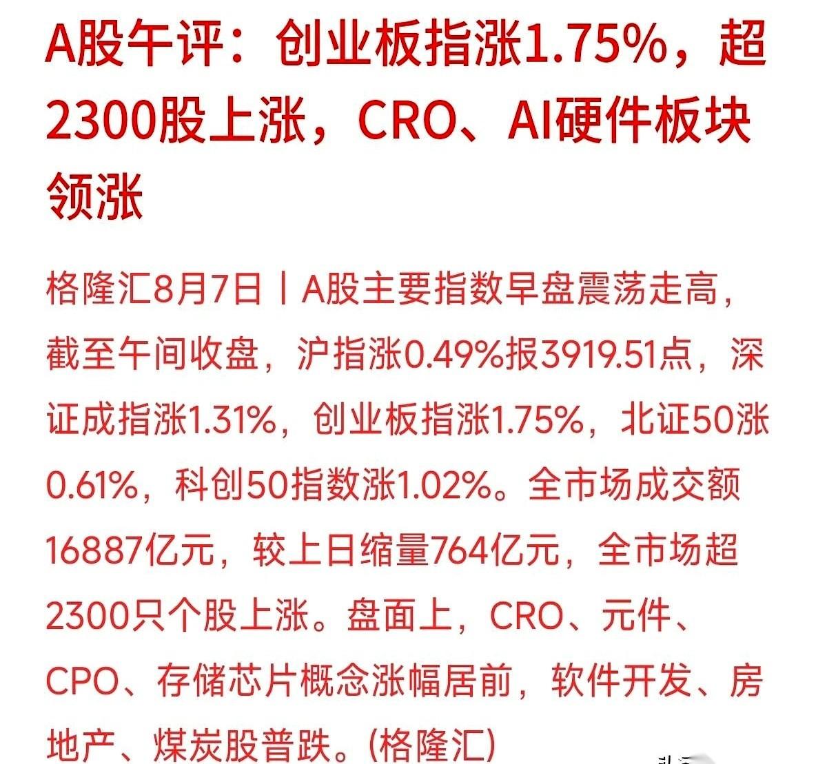 今天A股这盘面，有点意思。
创业板指红得发亮，涨了快两个点，两千三百多家公司跟着