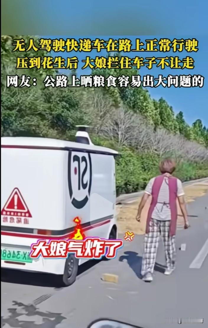 大娘：有种你给我下来。

无人驾驶车：你让我下来我就下来吗？我就不下来。说不下来