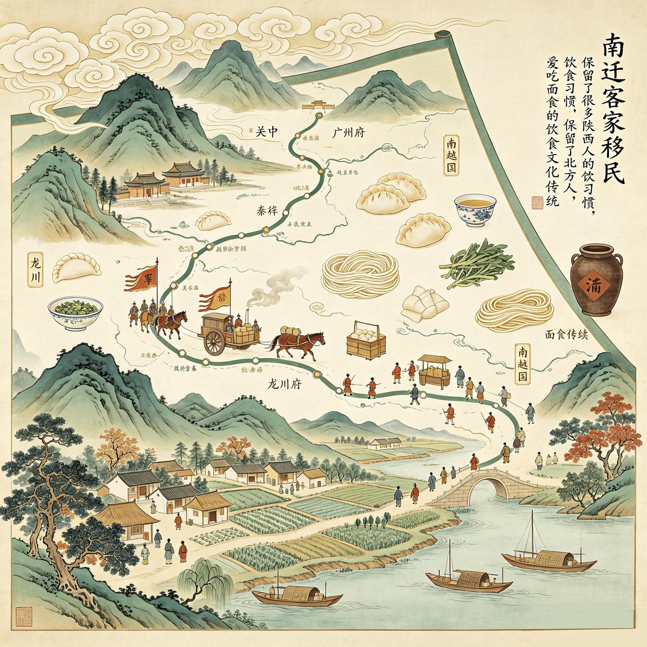 南迁客家移民，保留了很多陕西人的饮食习惯，保留了北方人，爱吃面食的饮食文化传统。