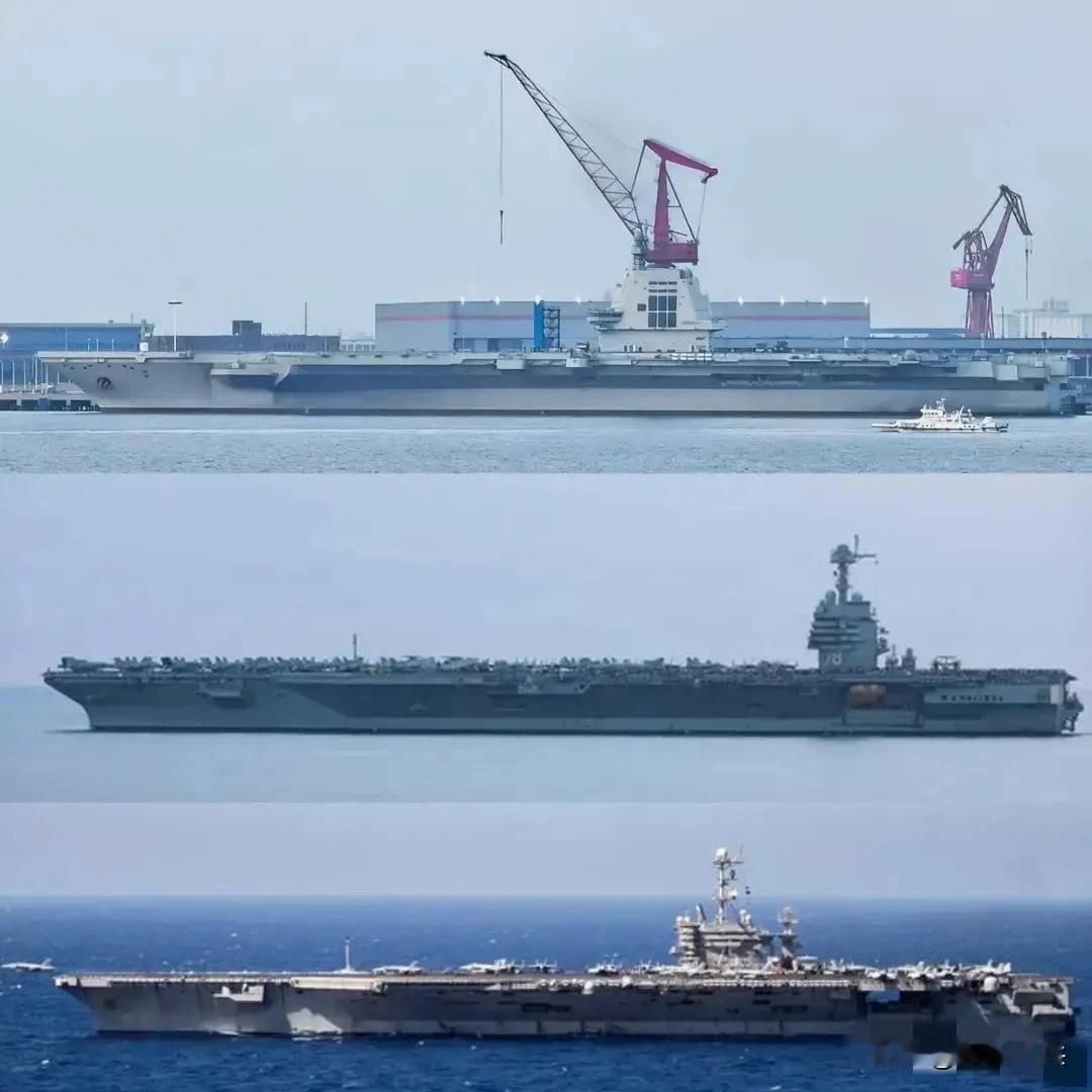 福建舰和美国航母不同角度这么一对比，原来列强竟是我自己。心心念念的美国航母我们终