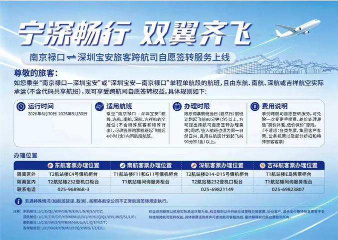 【机票可以跨航司便捷改签了】据中国民航报消息，6月30日，南京禄口国际机场联合深