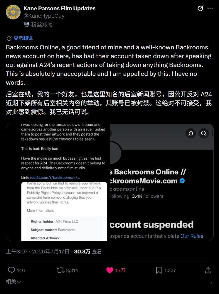 【A24在惹事儿】近期大量粉丝和创作者声称“A24 正在大范围下架‘后室’相关衍