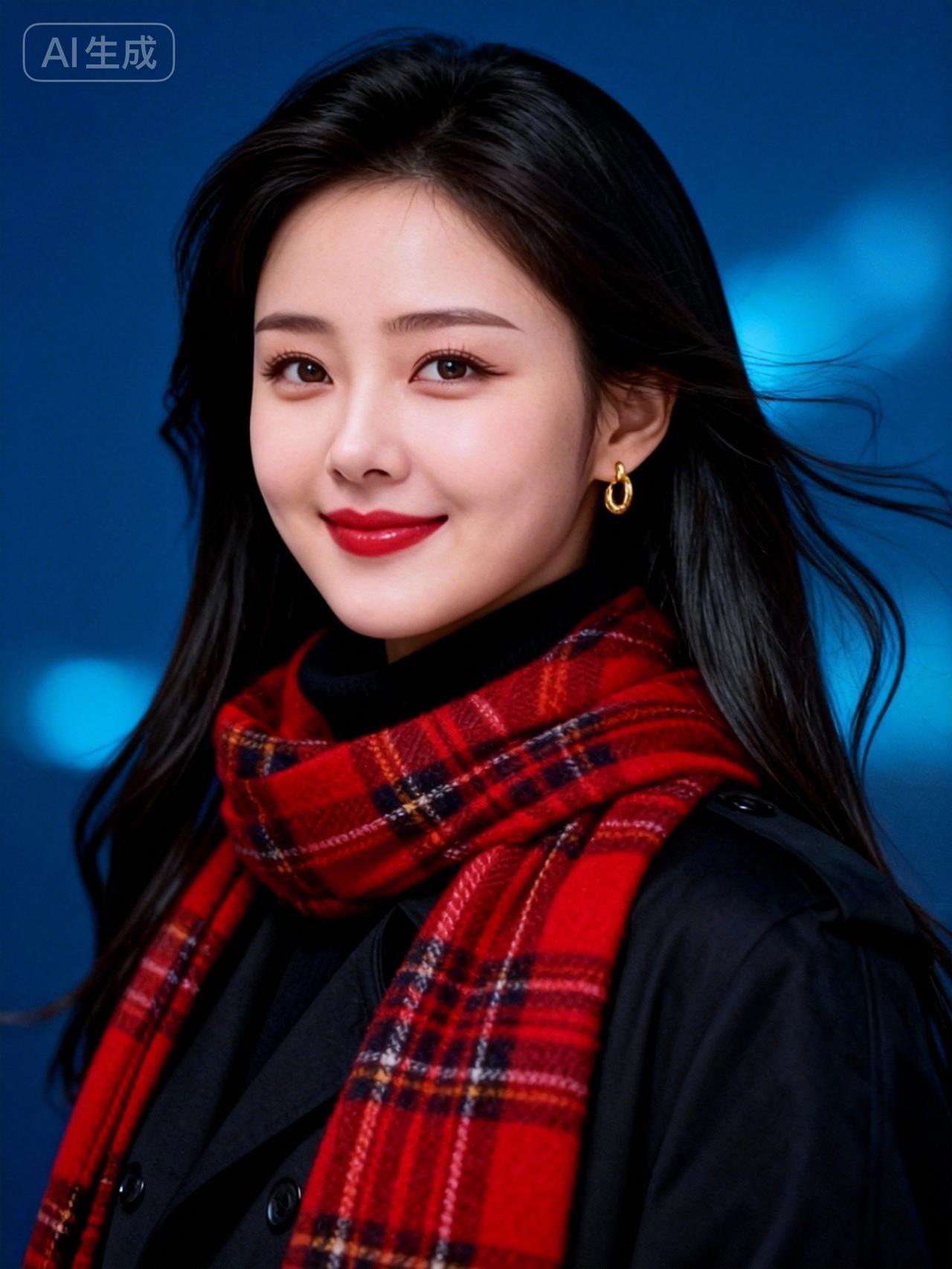 冬日暖阳下的甜美笑容，红围巾与黑外套的完美搭配，尽显时尚与温暖。