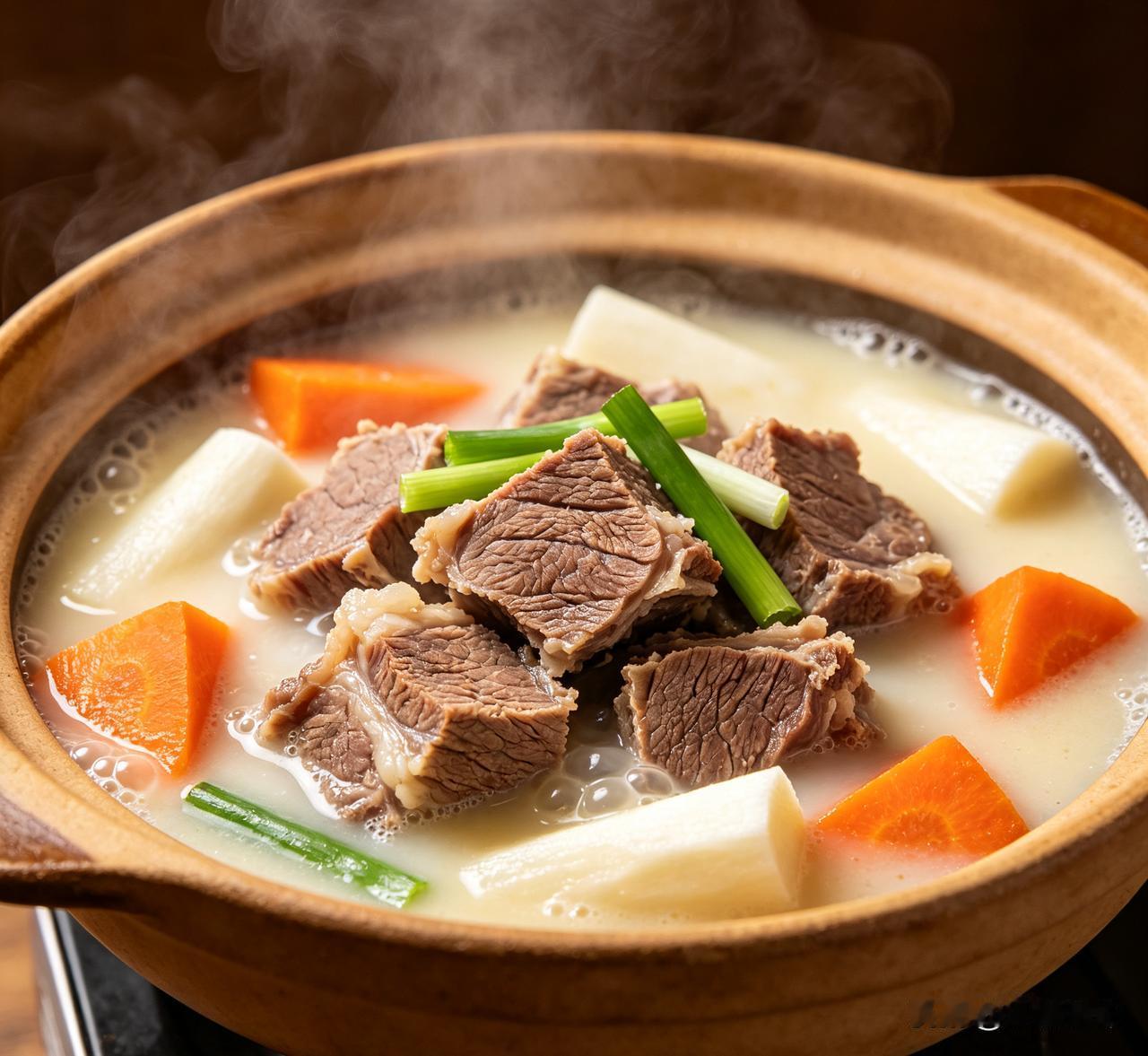 牛肉切块冷水下锅，加姜片、料酒焯水，撇去浮沫后捞出洗净。
 
砂锅中放牛肉、姜片