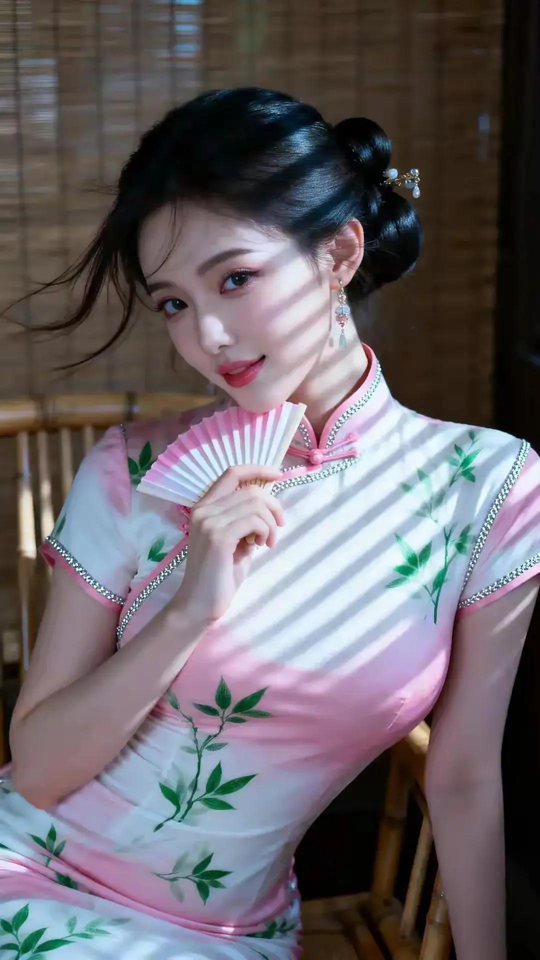 🌿入骨东方韵味的旗袍绝色美人
她梳着温婉精致的古典盘发，细碎发丝随风轻扬，眉眼