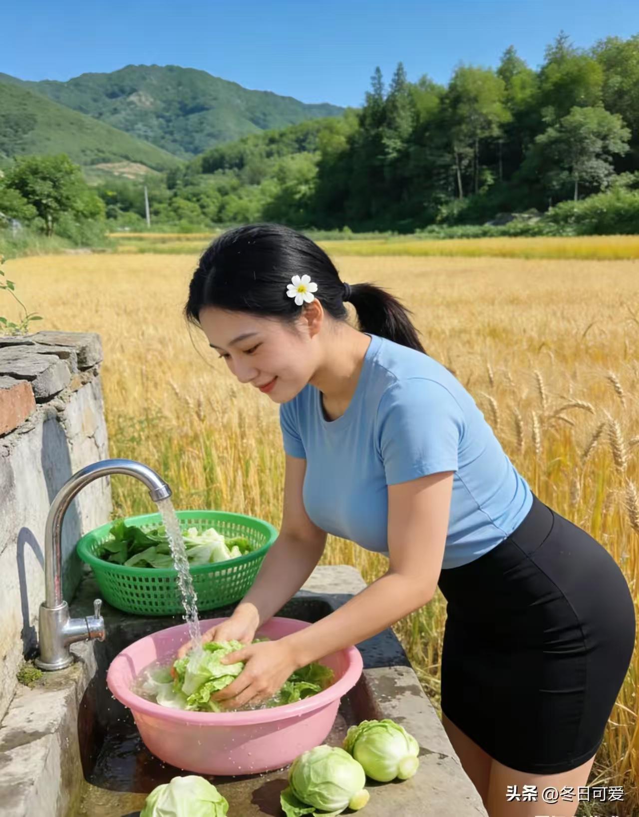 塞鸿秋·田园清欢
青丝低绾白花缀，
玄裙素褂韶光配。
石池洗菜沾清露，
竹管引泉