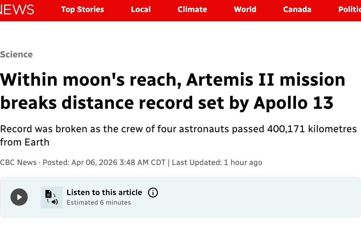 NASA阿尔忒弥斯二号任务进入第六天，打破人类距离地球最远纪录


美国东部时间