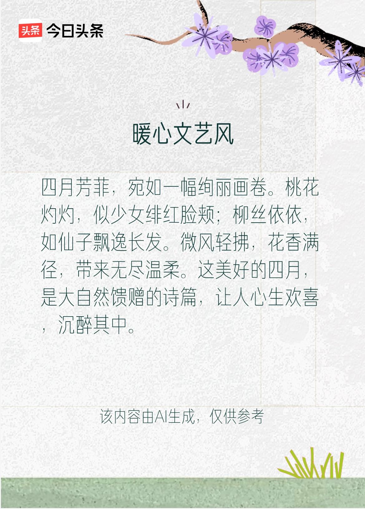 四月芳菲，宛如一幅绚丽画卷。桃花灼灼，似少女绯红脸颊；柳丝依依，如仙子飘逸长发。