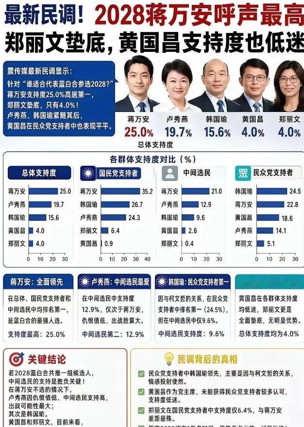 郑丽文访陆归来，民调暴跌至 4%！国民党 2028 卡位战，蒋万安提前两年锁定胜