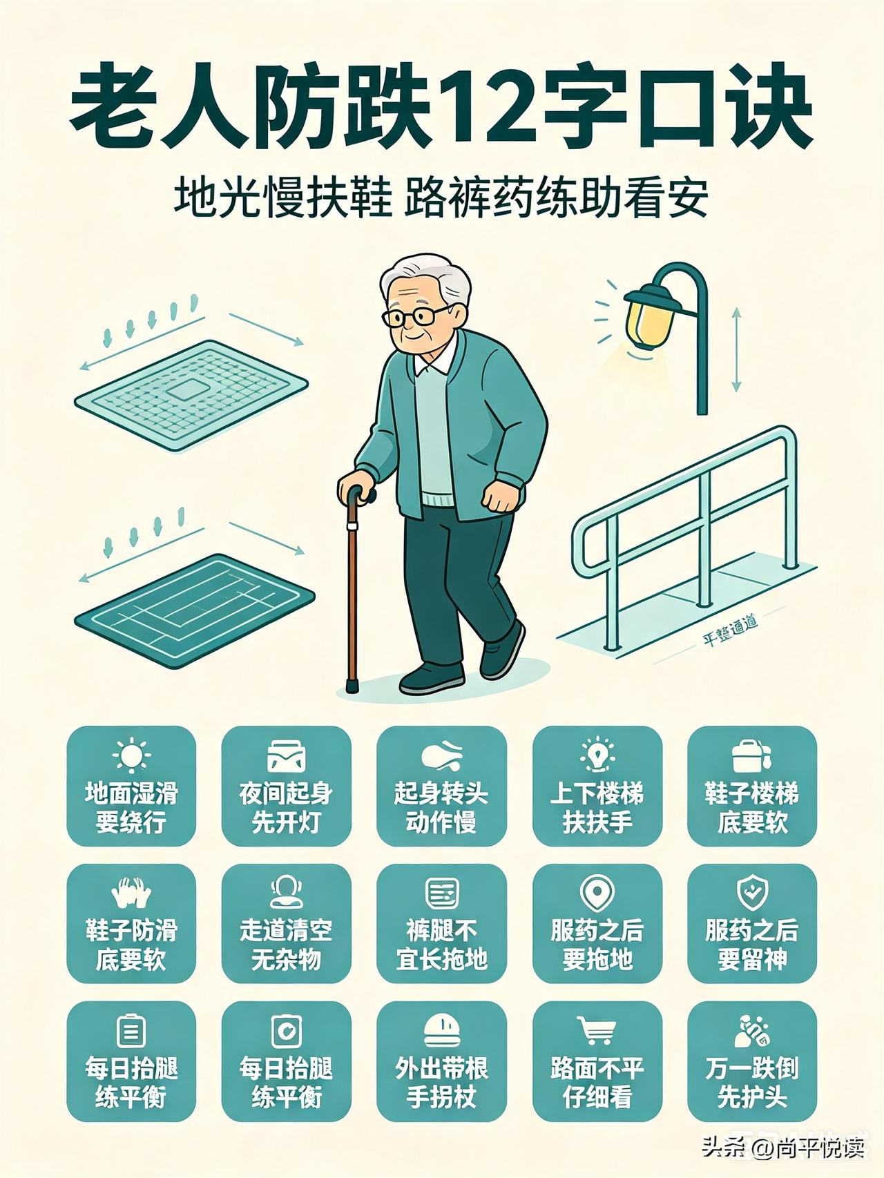 老人防跌十二字口诀（每句7字，押韵好记）

1. 地：地面湿滑要绕行，拖地之后莫