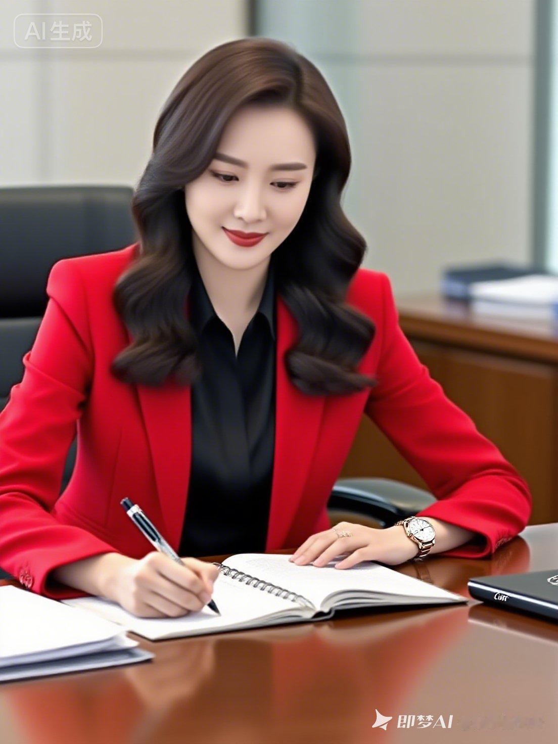职场女强人，自信满满，红衣黑裤，笔走龙蛇。