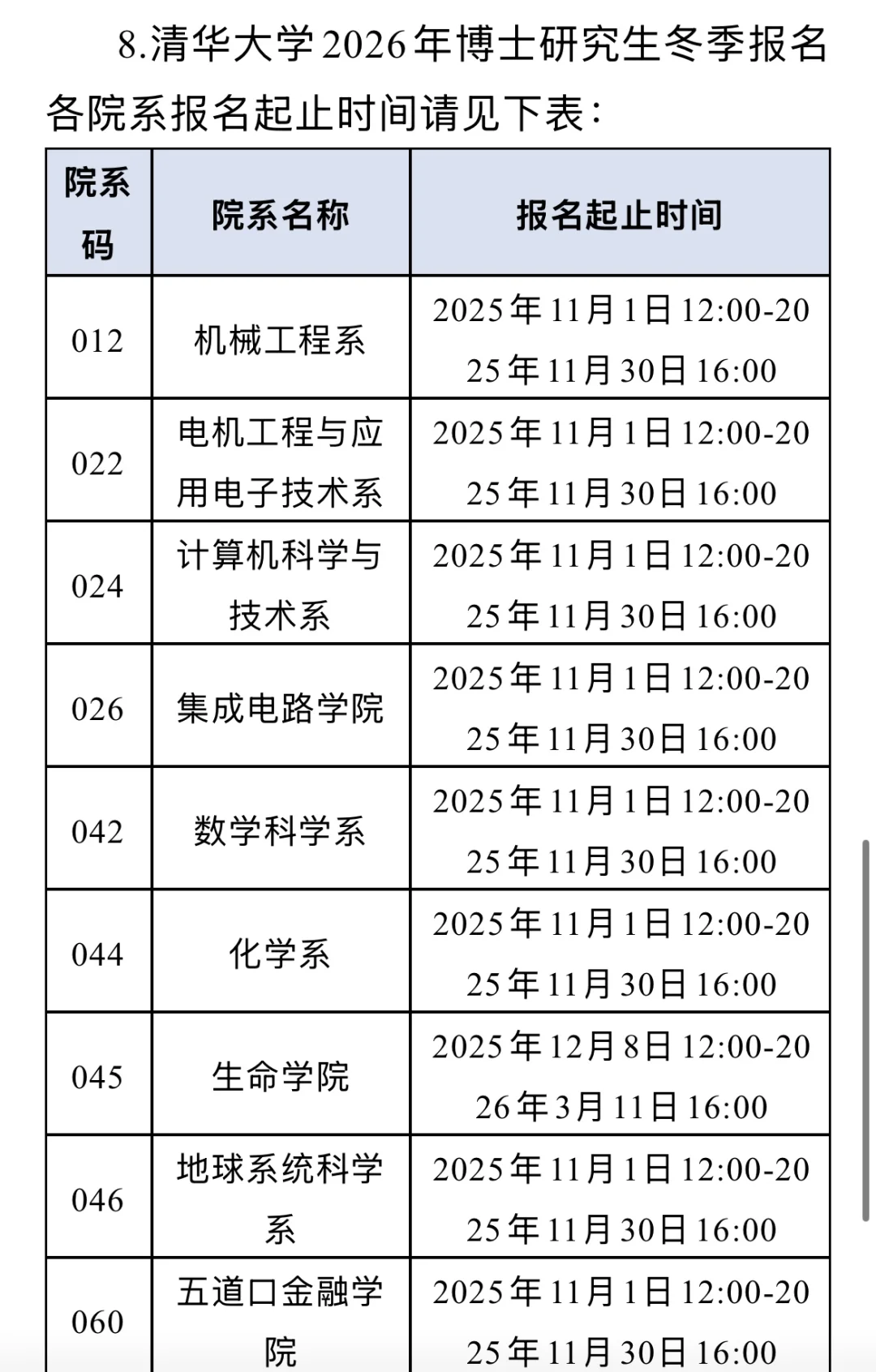 清华2026年博士研究生冬季报名各院系报名起