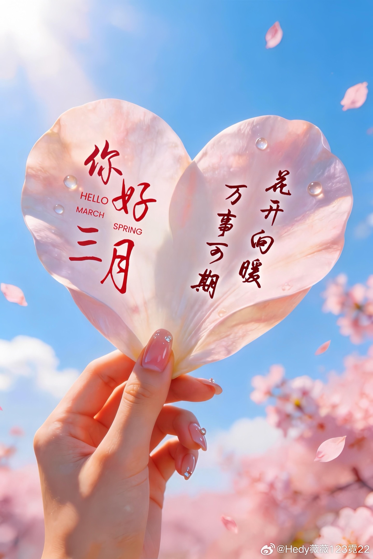 阳春三月，花蕊叠香；时光清澈，温暖向阳！挥手二月，三月你好！春风，徐徐，吹来温暖