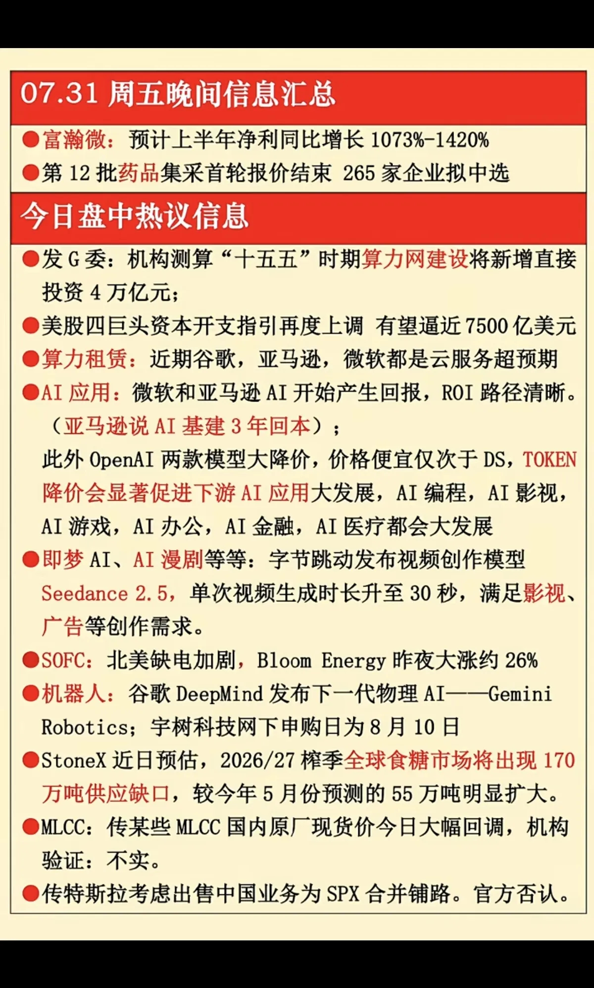 7.31周五  晚间财经信息汇总！1.算力网建设，算力租赁2.人工智能，AI应用