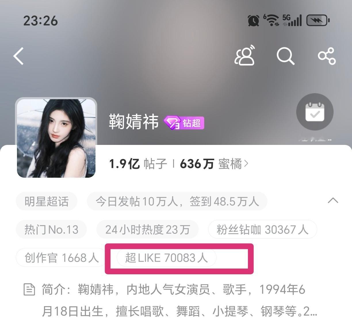 鞠婧祎 超话超like70000+女星断层式第一，太牛了 ​​​