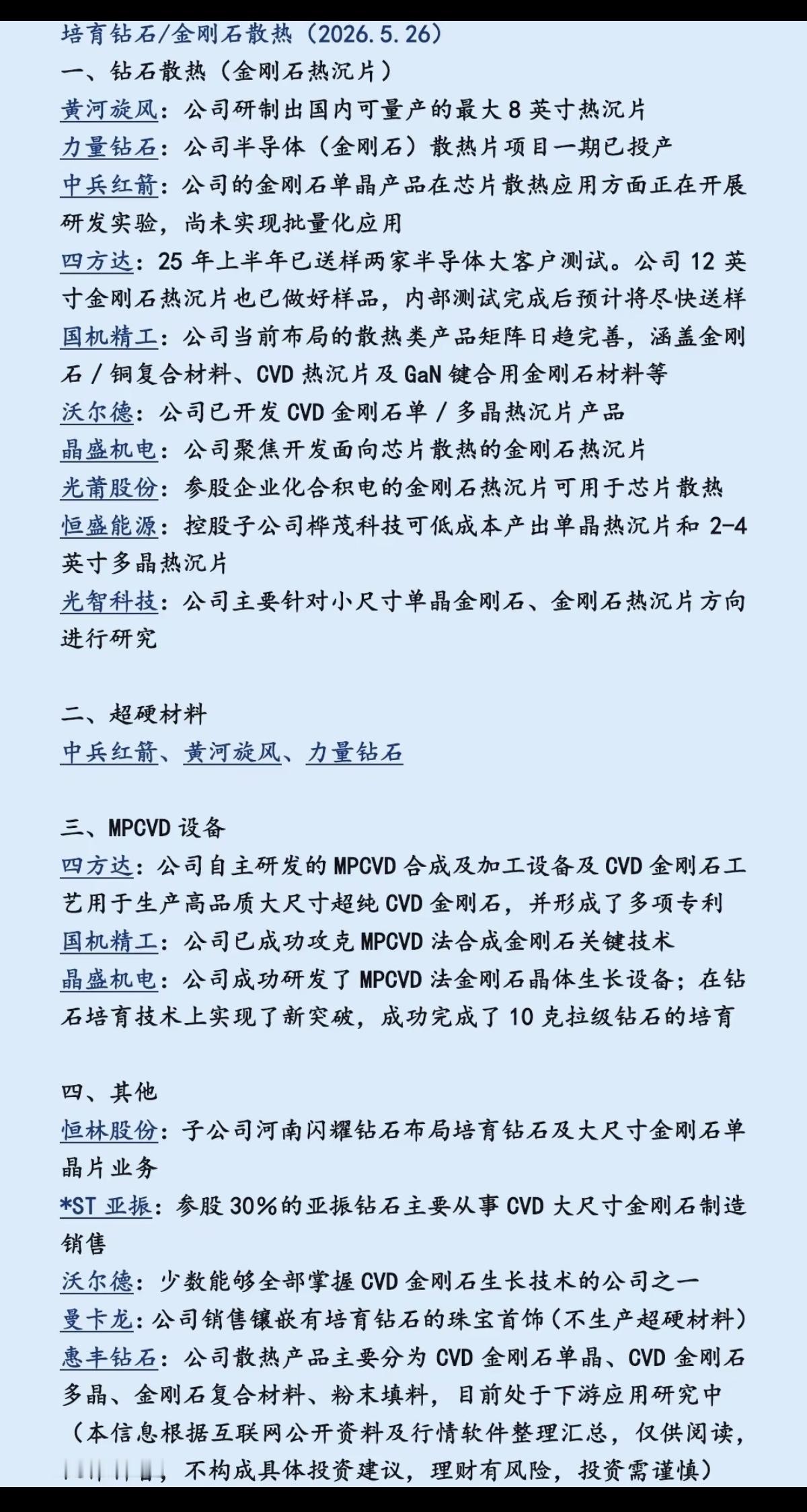 培育钻石/金刚石散热！

金刚石热导率超铜5倍，2026年起在AI算力散热领域加