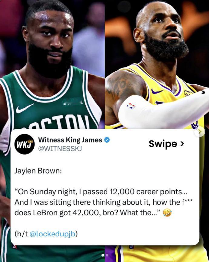 NBA：上场就刷分啊，管它输赢。
凯尔特人球员杰伦布朗：“周日晚上，我生涯总得分