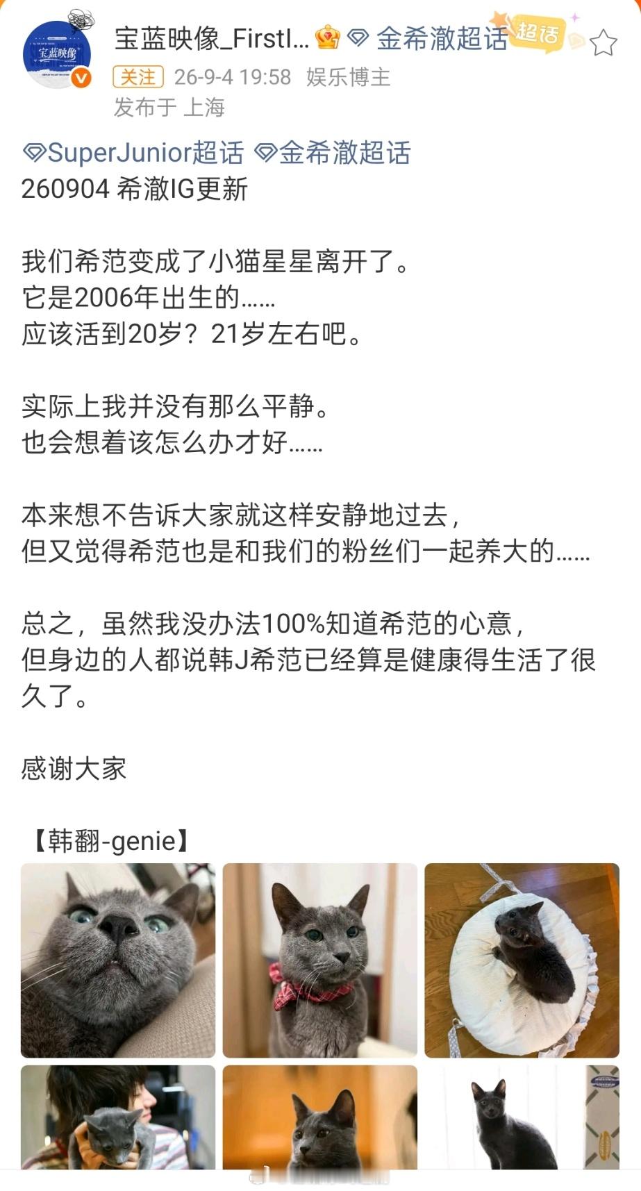 金希澈的猫去世 金希澈的猫咪去世的，活了21岁左右。 ​​​