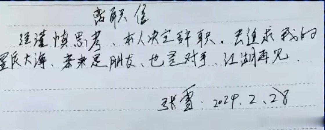 张雪当年离职申请