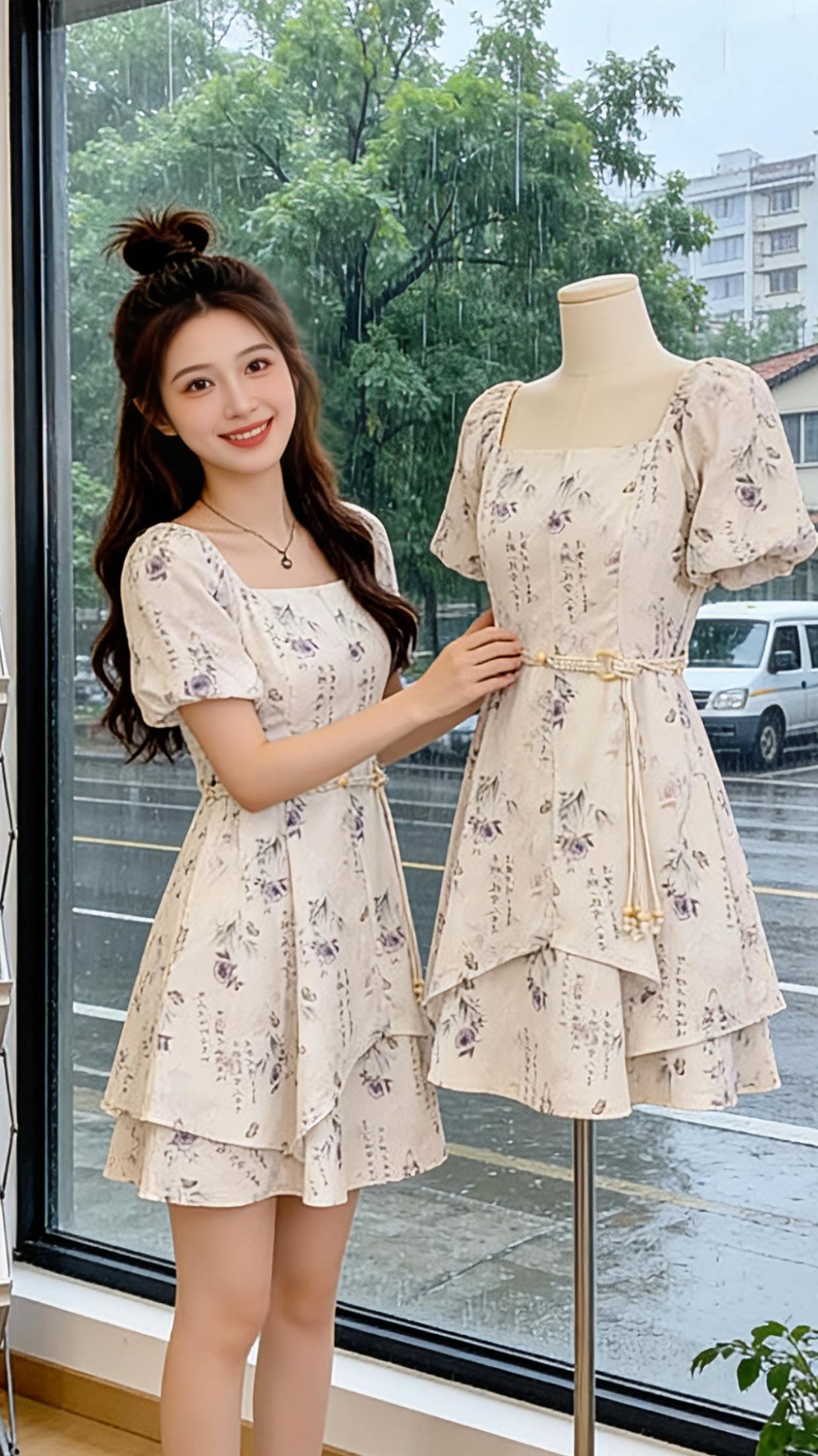 把江南水墨穿进夏日里，方领泡泡袖温柔藏住小肉肉，收腰A字摆衬得身形匀称好看，清雅