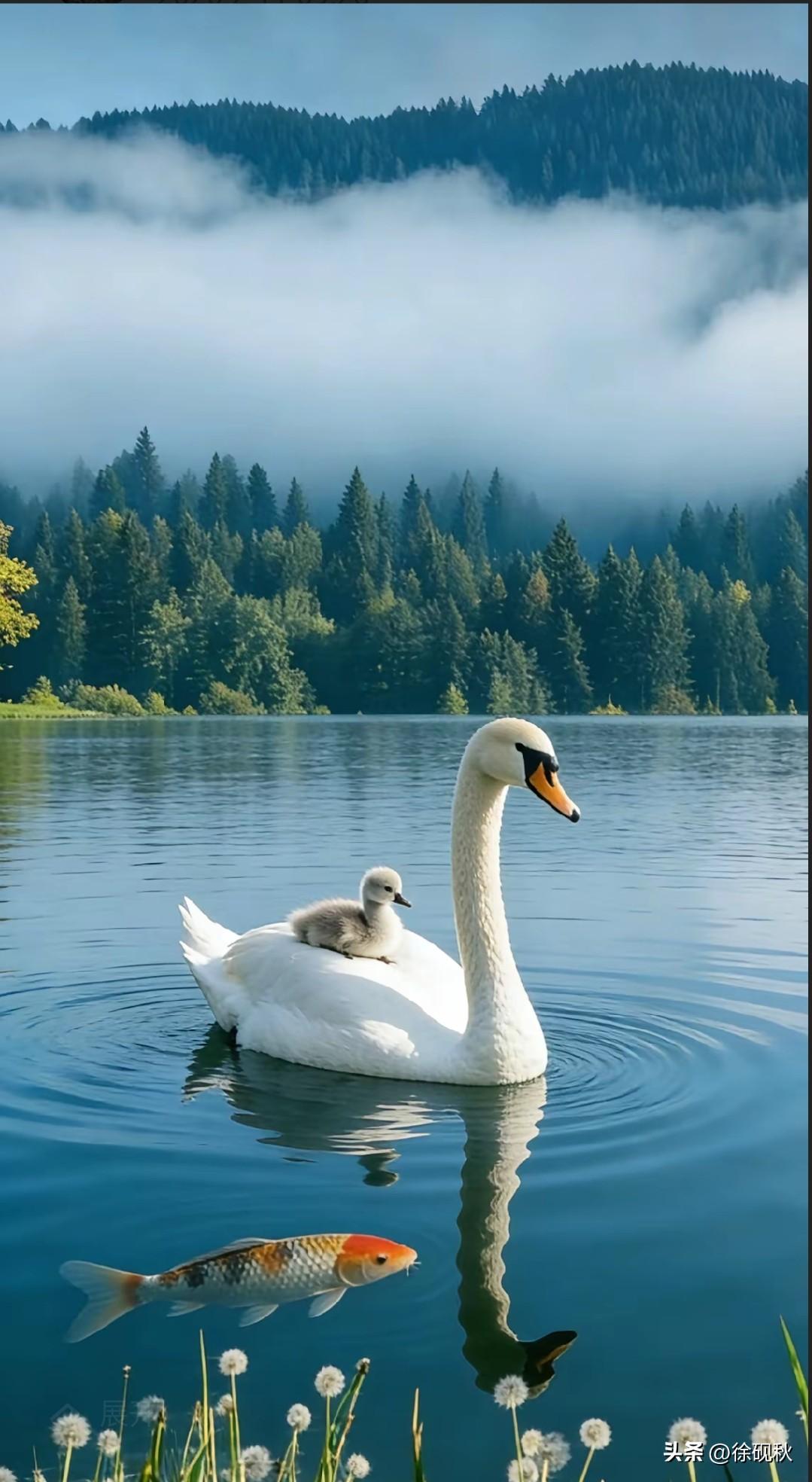 绿水青山，金山银山。
湖面平静，美丽天鹅。
母子相依，美景如画。
山水有情，生生