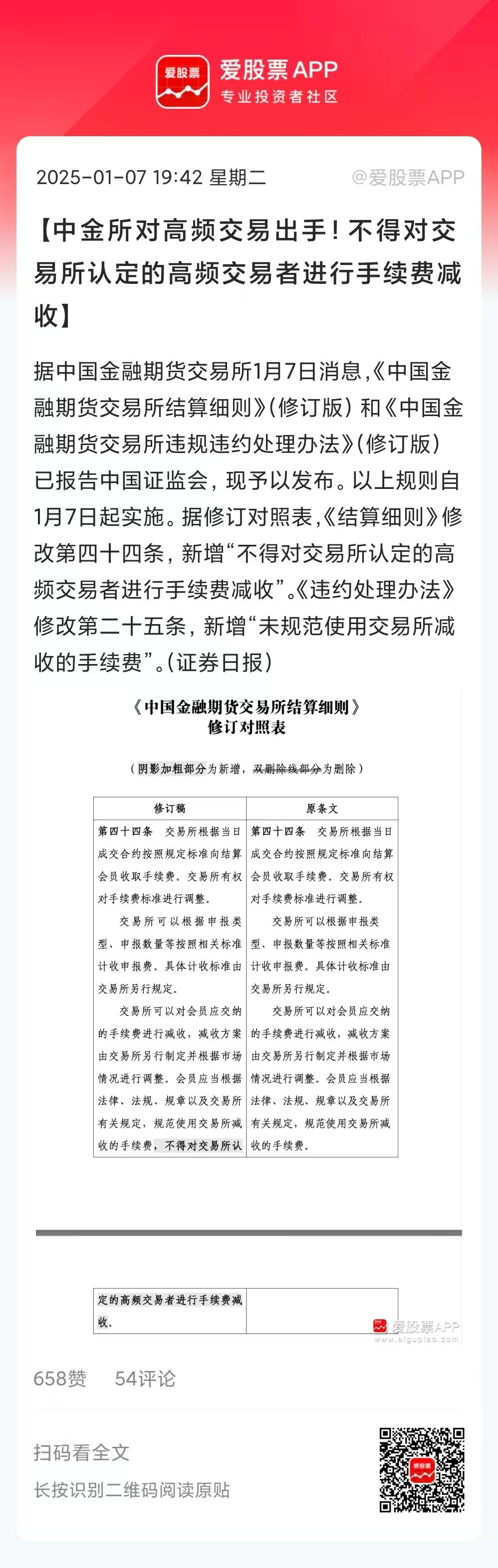 今晚的利好消息，中金所对高频交易出手，不得对交易所认定的高频交易者进行手续费减收