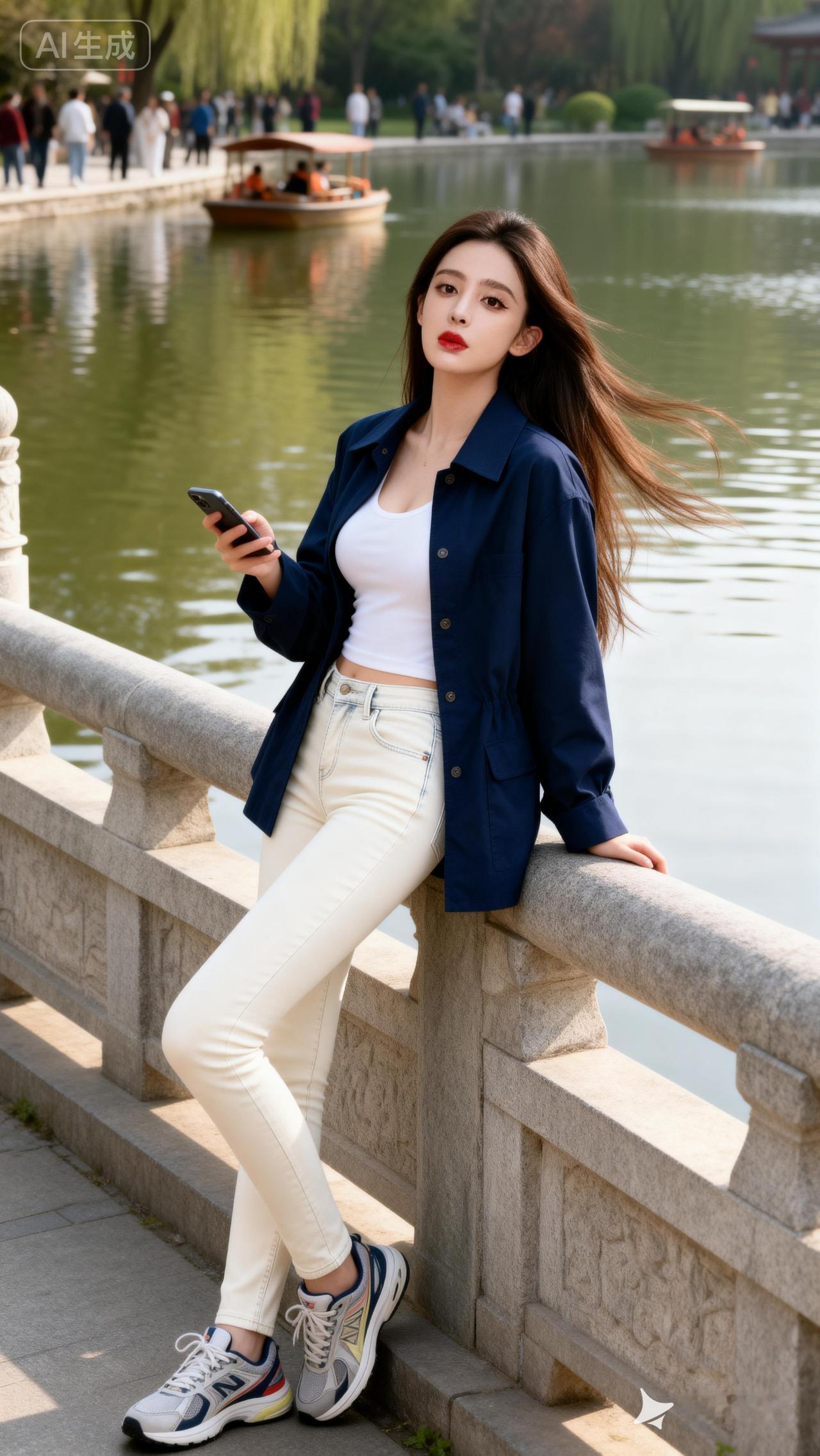 在湖边悠闲地享受时光，手机在手，风景在旁。📱🌿💙