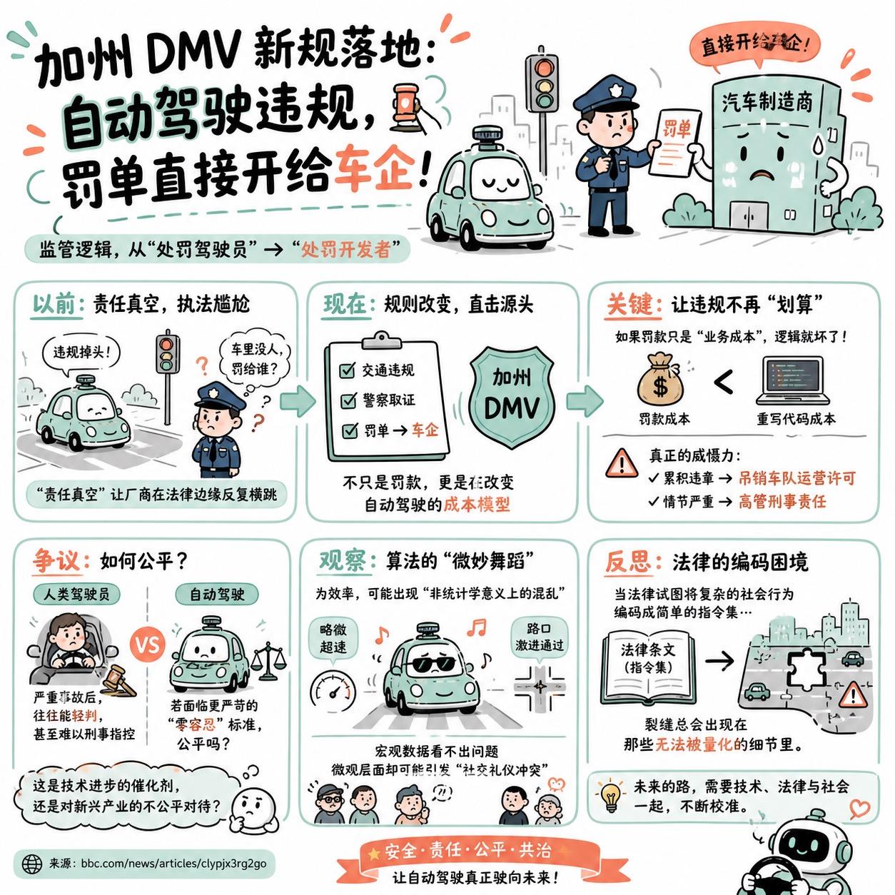 【加州 DMV 新规落地：自动驾驶违规，罚单直接开给车企】

快速阅读：加州 D