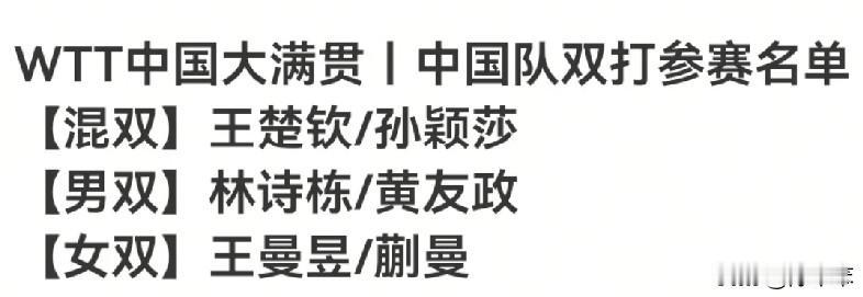 中国大满贯国乒莎头混双再出战，双曼女双，石油男双。
莎头混双再出战，看来在洛奥结