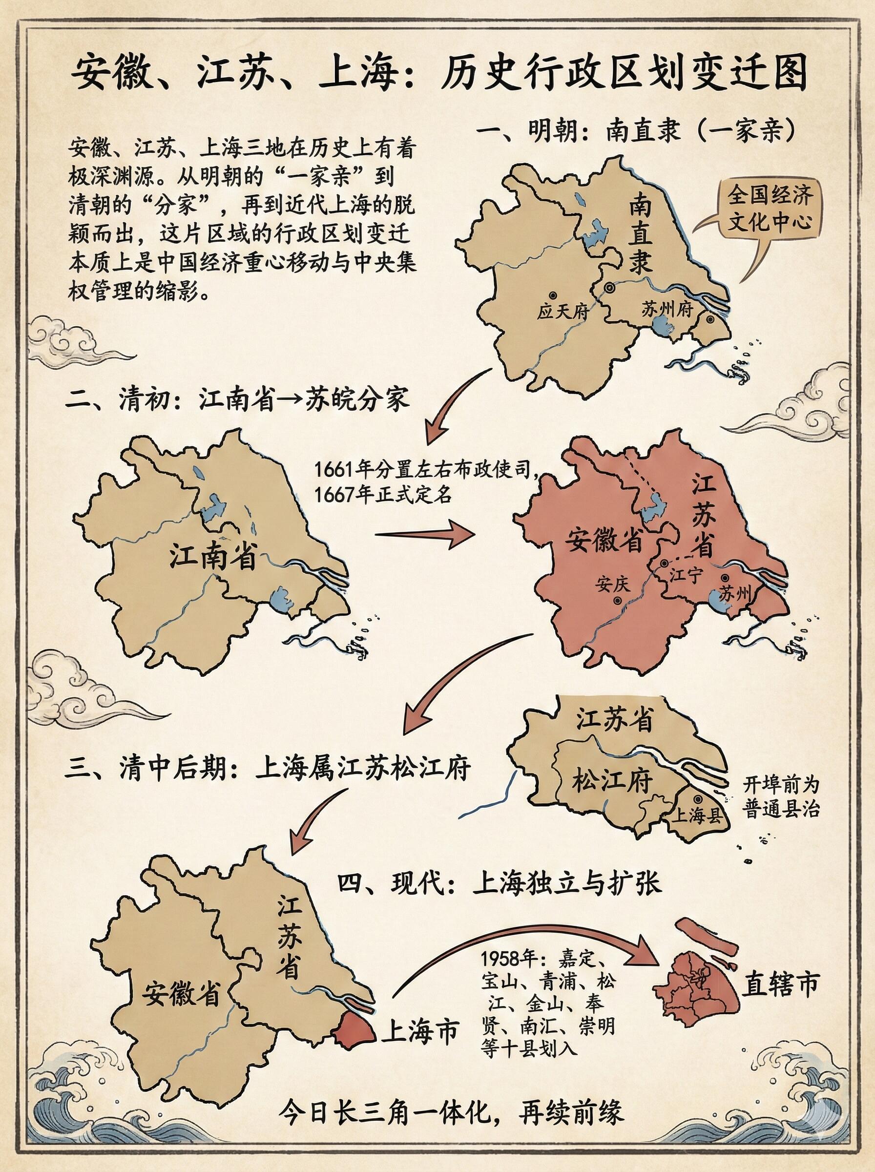 沪苏皖三省历史行政区划变革，明朝时候南直隶苏皖一家亲，清朝从江南省到苏皖分治南京