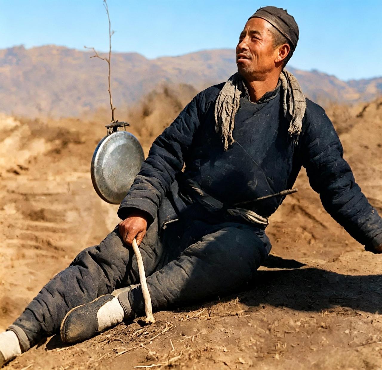 这位头戴瓜皮帽，穿着夹袄，腰间别着烟杆的老人正是抗战时晋察冀边区的防空哨。他一手