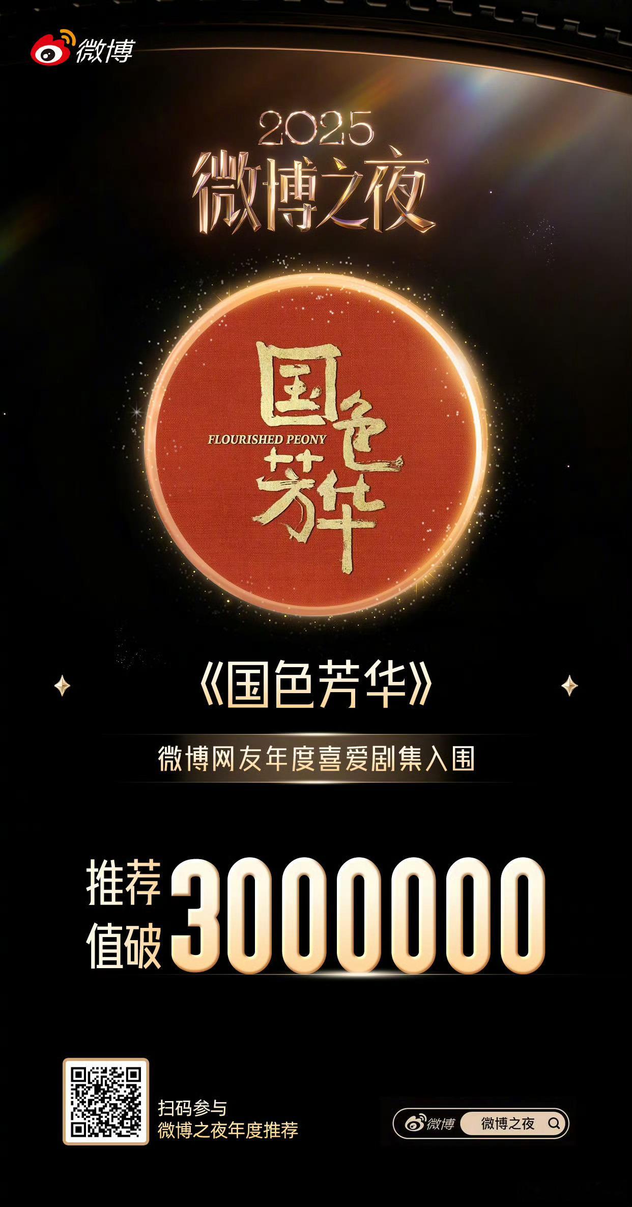 【🏆微博之夜年度推荐 荣耀里程碑】国色芳华年度喜爱剧集推荐值破300万 恭喜主