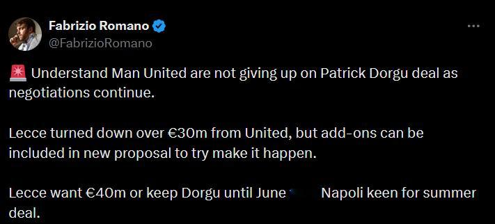 罗马诺了解到曼联不会放弃多尔古的交易，谈判仍在继续莱切拒绝了曼联3000万欧的报