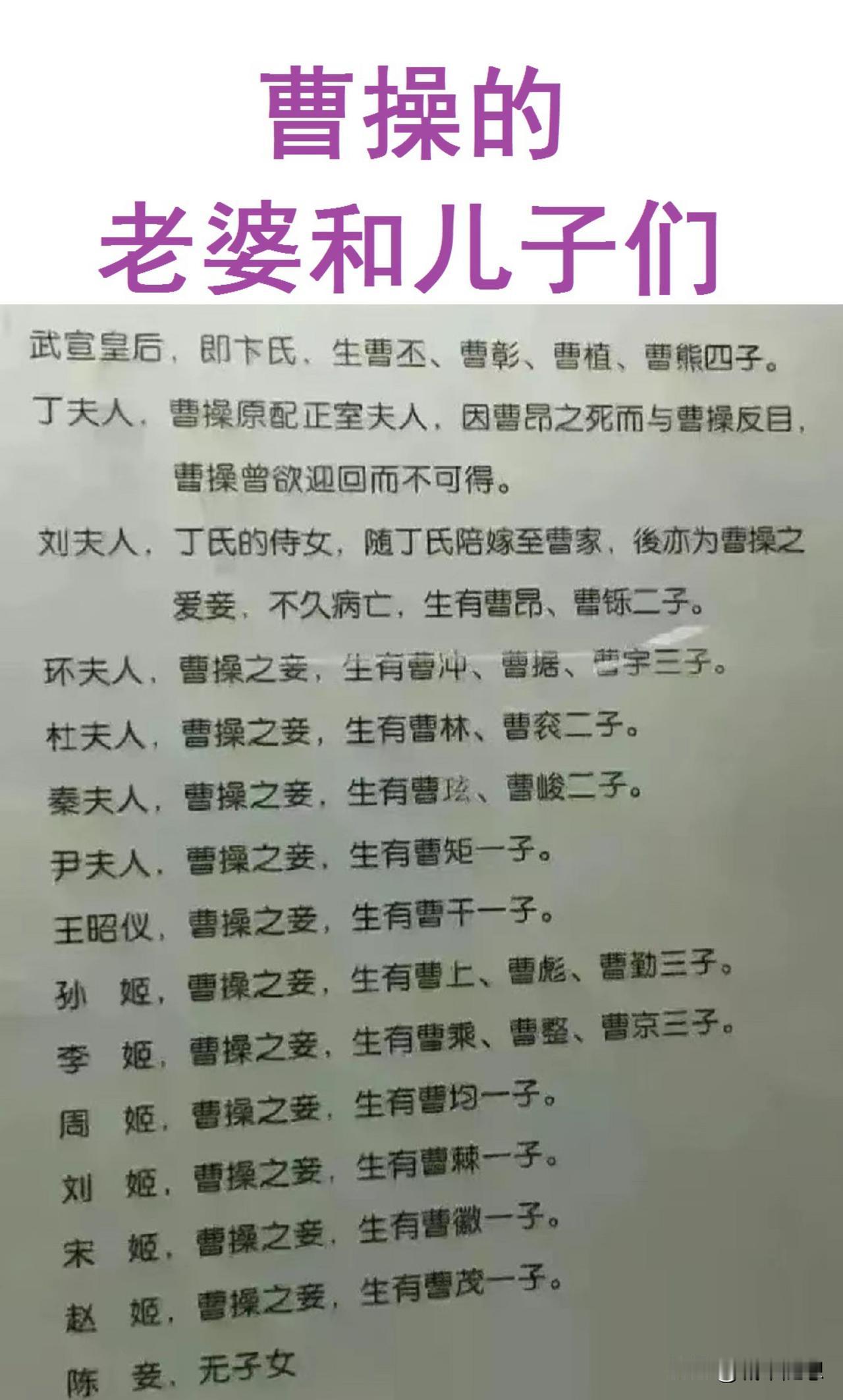 曹操的大老婆：是丁夫人（不孕不育）；
曹操的二老婆：是武宣皇后（生曹丕、曹植）；