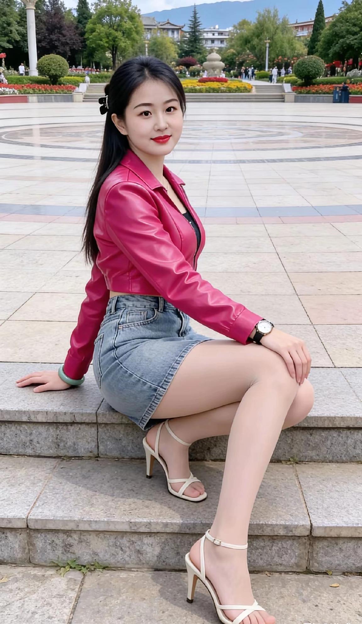 粉色皮衣+牛仔短裙，活力满满的一天