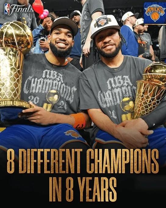 自从勇士之后，NBA就再也没有球队能两连冠了。
最近8年有8支球队夺冠，别说两连