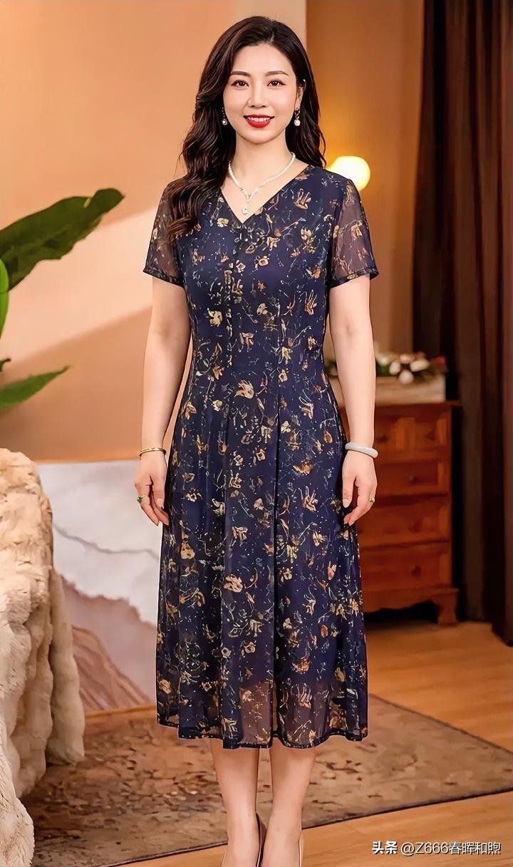 藏蓝如夜，繁花似星。V领轻展优雅，薄纱拂动温柔。珍珠映颈，玉镯盈腕，步履从容间，