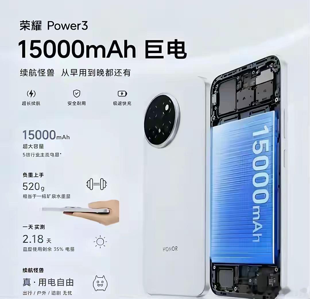 荣耀Power3配置如何这样堆那么堪称续航神器，内置15000mAh超大电池，电