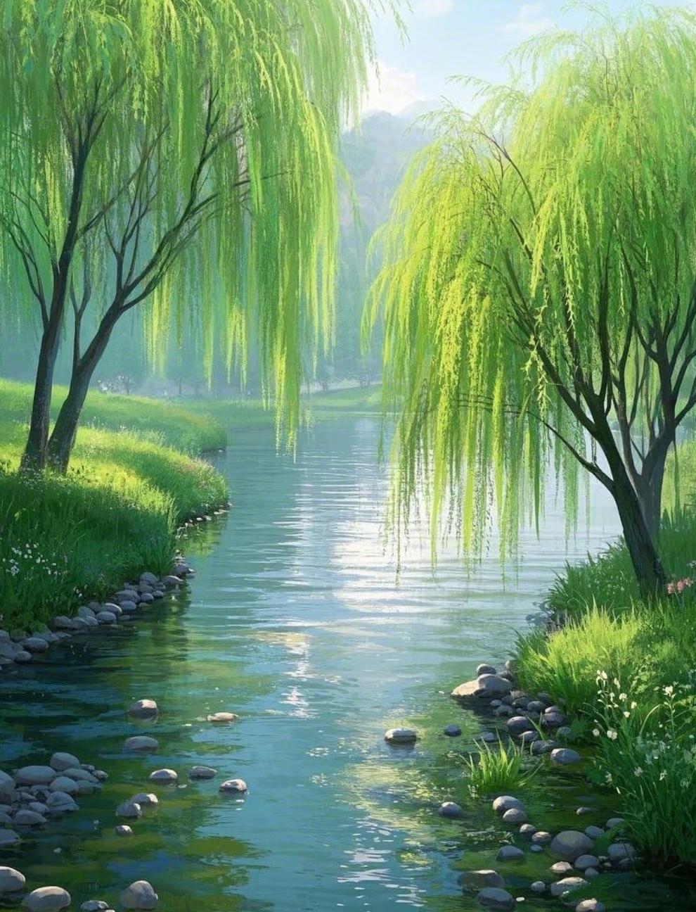 上联：手栽绿柳百年艳
下联：心有繁花四季香