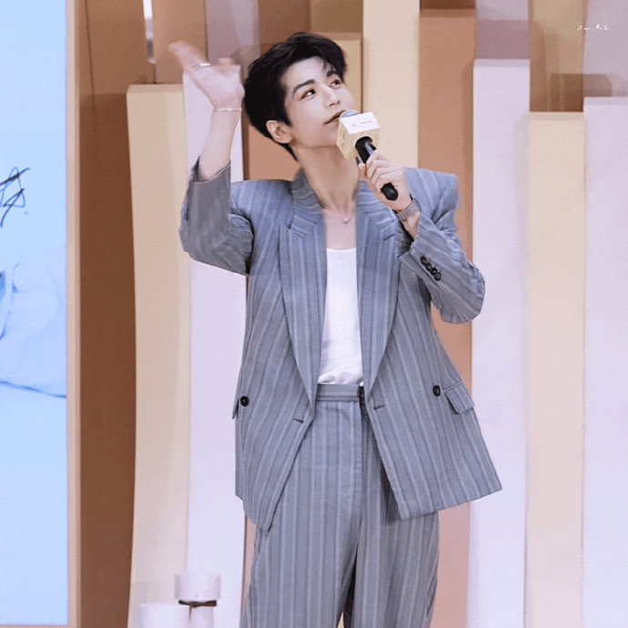 张凌赫竖条纹灰西装造型 张凌赫深圳活动线下状态 张凌赫竖条纹灰西装造型，张凌赫深