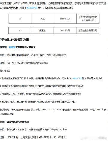 宁德时代和比亚迪的两位首席科学家成为院士了