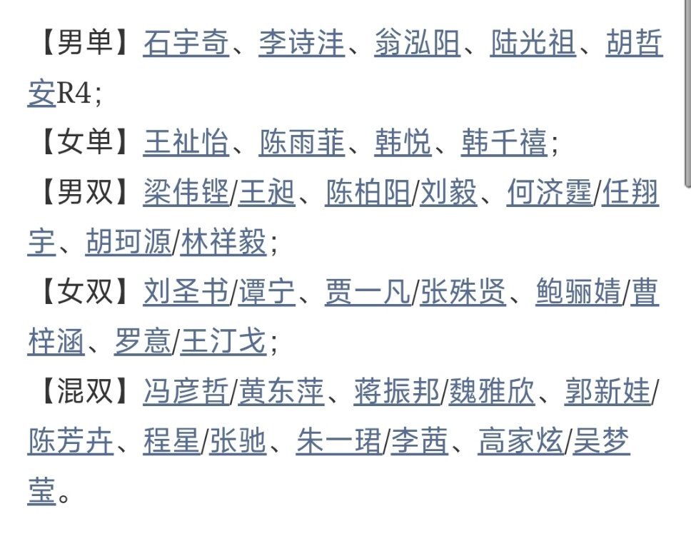 丹麦公开赛报名名单中国羽毛球队2026年丹麦羽毛球公开赛 【男单】石宇奇、李诗沣